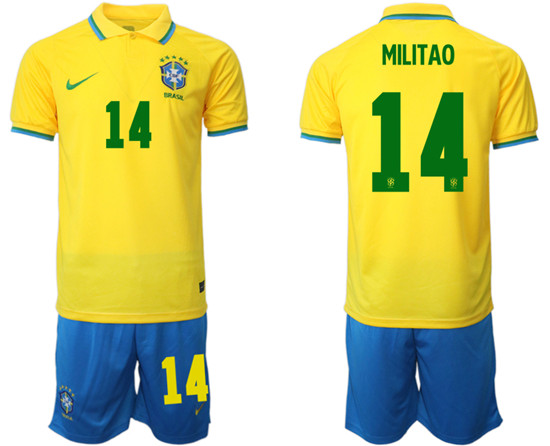 Men's Brazil #14 Militão Yellow Home Soccer Jersey Suit